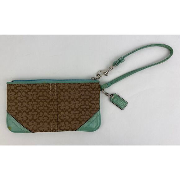 VTG Coach Wristlet Wallet Monogram Brown Canvas Teal Patent Leather Classic - Picture 3 of 9